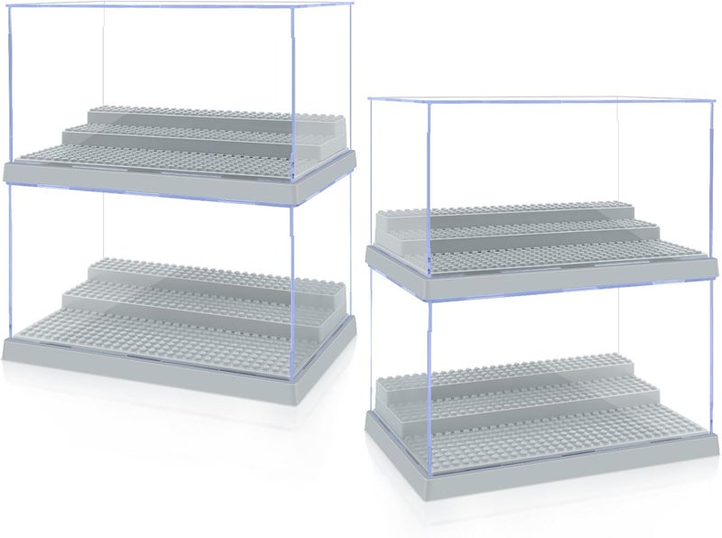 Pokiiulk 4 Pack Display Case for Minifigure Action Figures Blocks, Acrylic Minifigure Display Case Box Storage with 3 Movable Steps Gift for Kids Adults (Grey) - Image 1